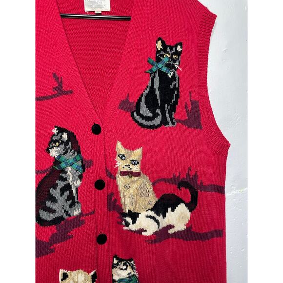 Vintage Cat sweater vest Susan Bristol Y2K 1995 Red Large - Picture 7 of 7